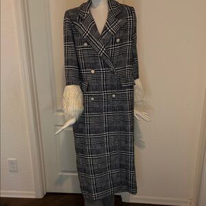 Plaid Double-Breasted Plaid Coat with Faux Fur Cuffs